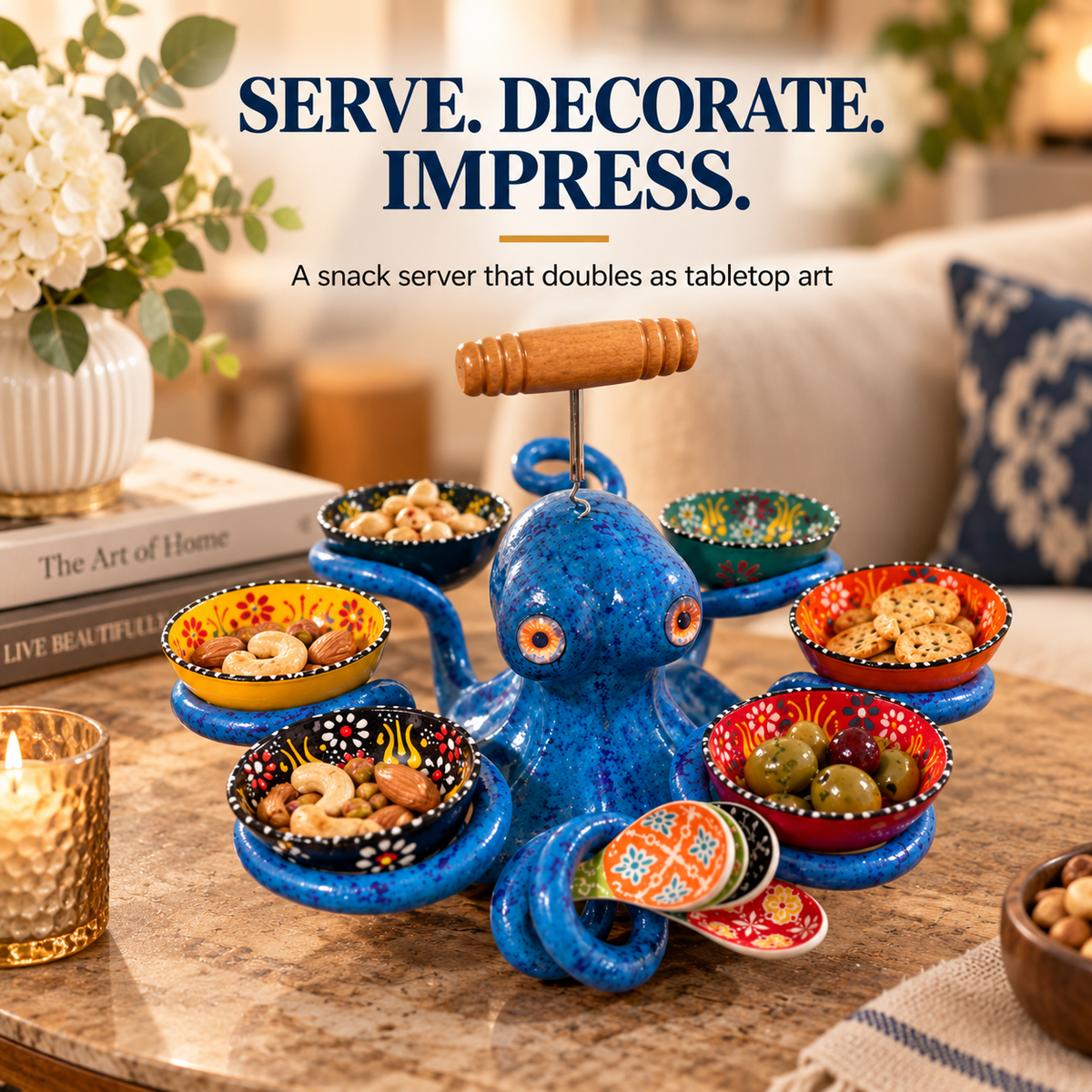 🐙 Handmade Coastal Octopus Snack Server & Divided Dip Bowl Tabletop Centerpiece 🍿