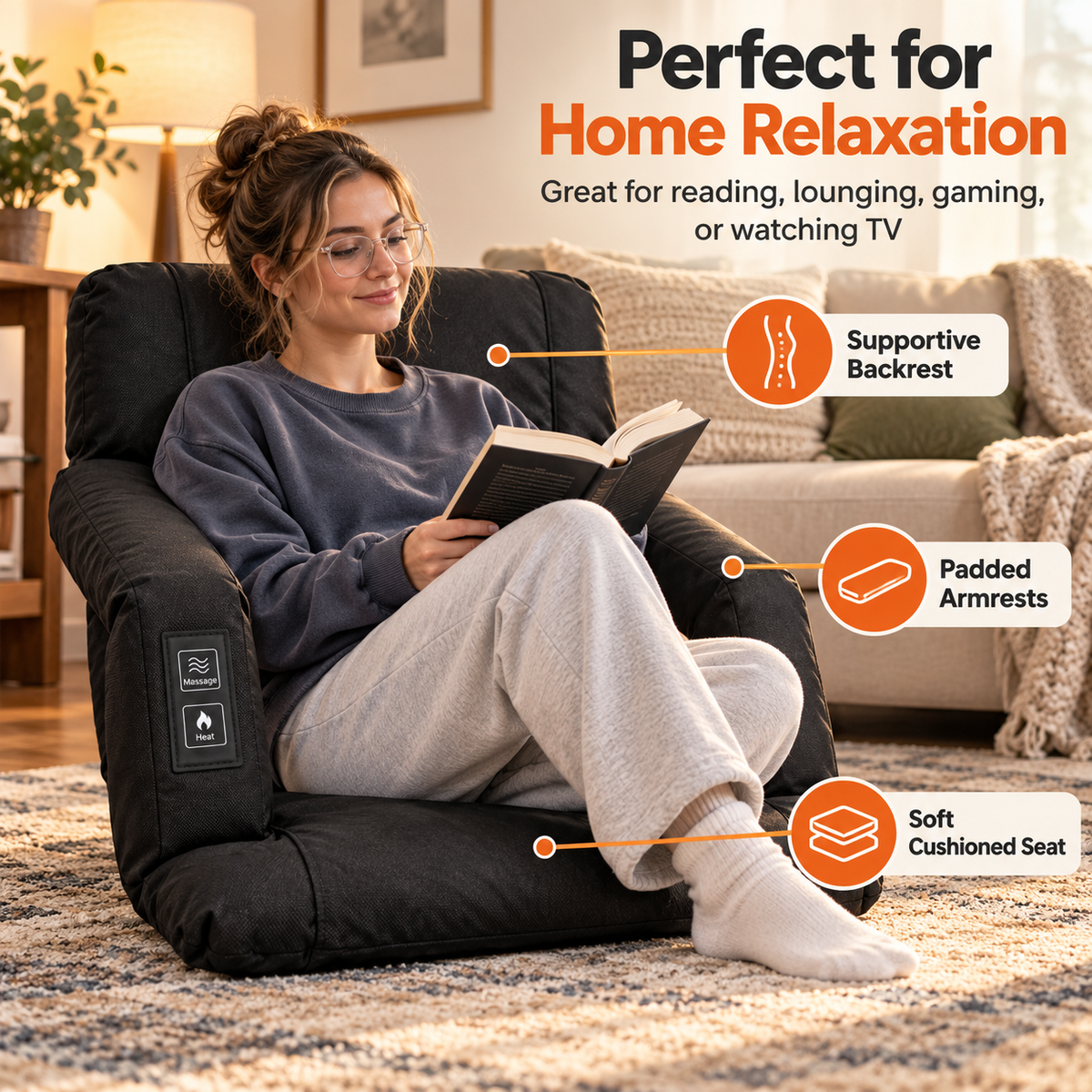 🔥 Heated Massage Portable Floor Chair with Backpack Carrying Straps & Armrests 🪑