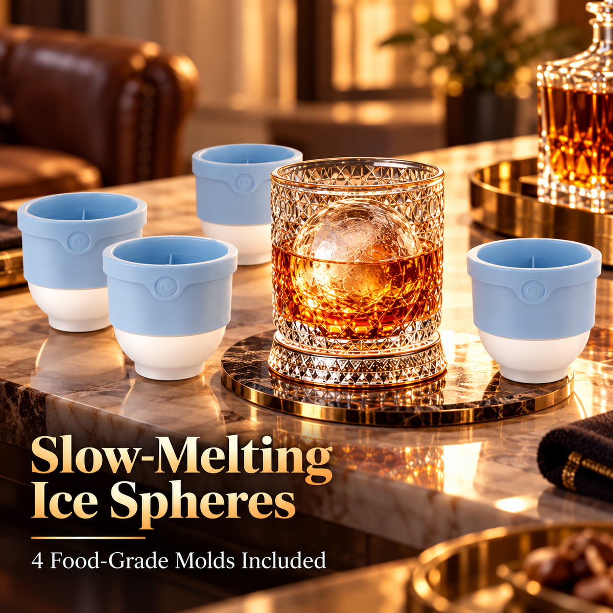 🥃 360° Spinning Crystal Whiskey Glass Gift Set with Large Ice Ball Molds (4-Piece) ✨
