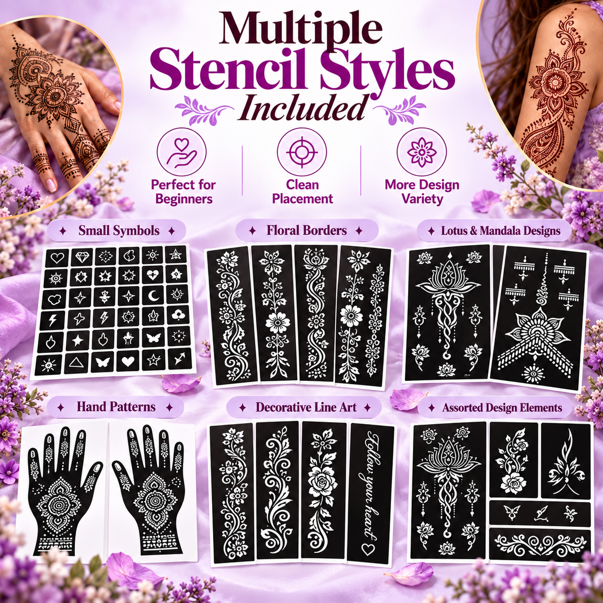 🌸 Henna Tattoo Kit with Stencils – Temporary Body Art Cones for Hands & Creative Designs ✨
