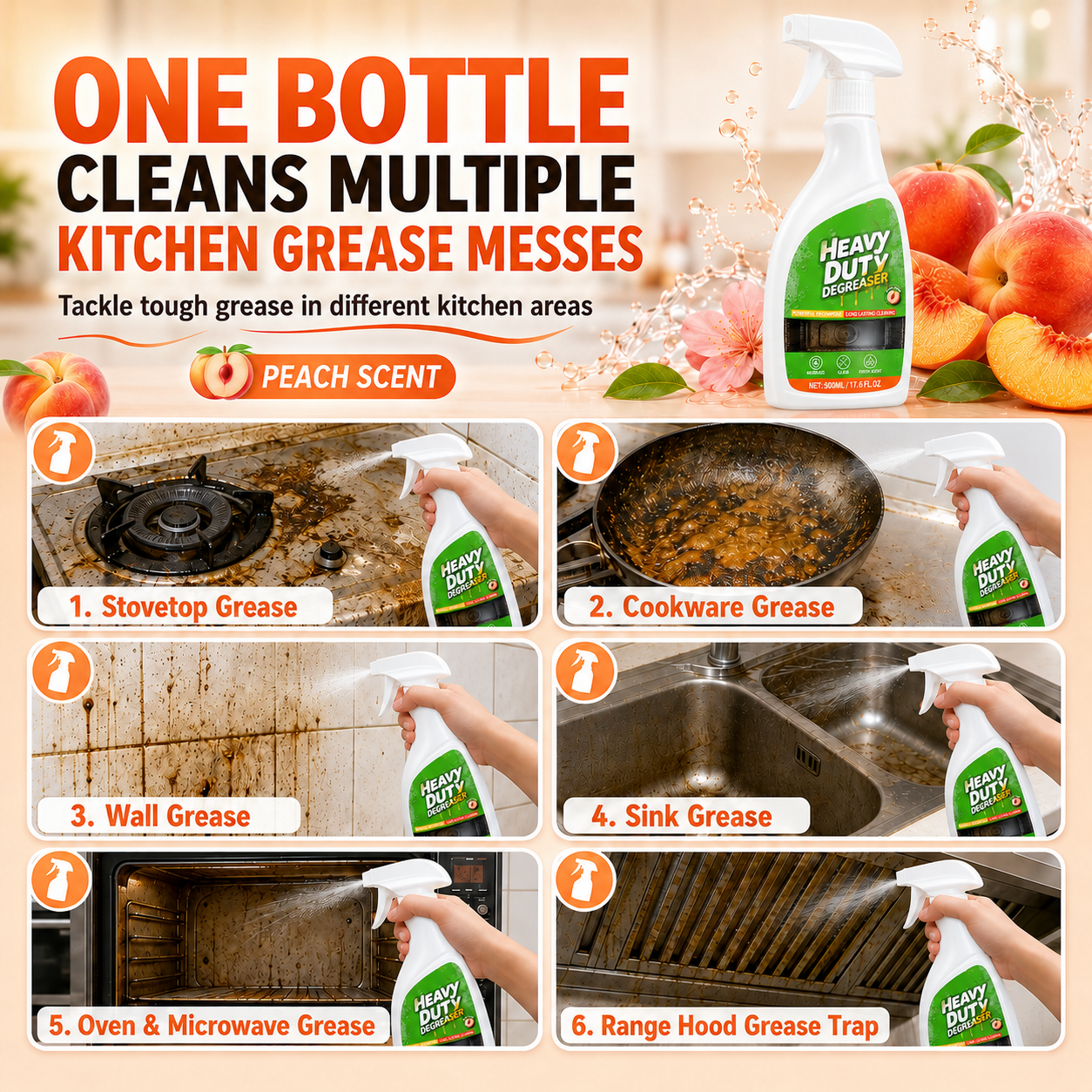 🔥 50% OFF Heavy Duty Kitchen Degreaser 🍑 Powerful Grease Cleaning with Fresh Peach Scent