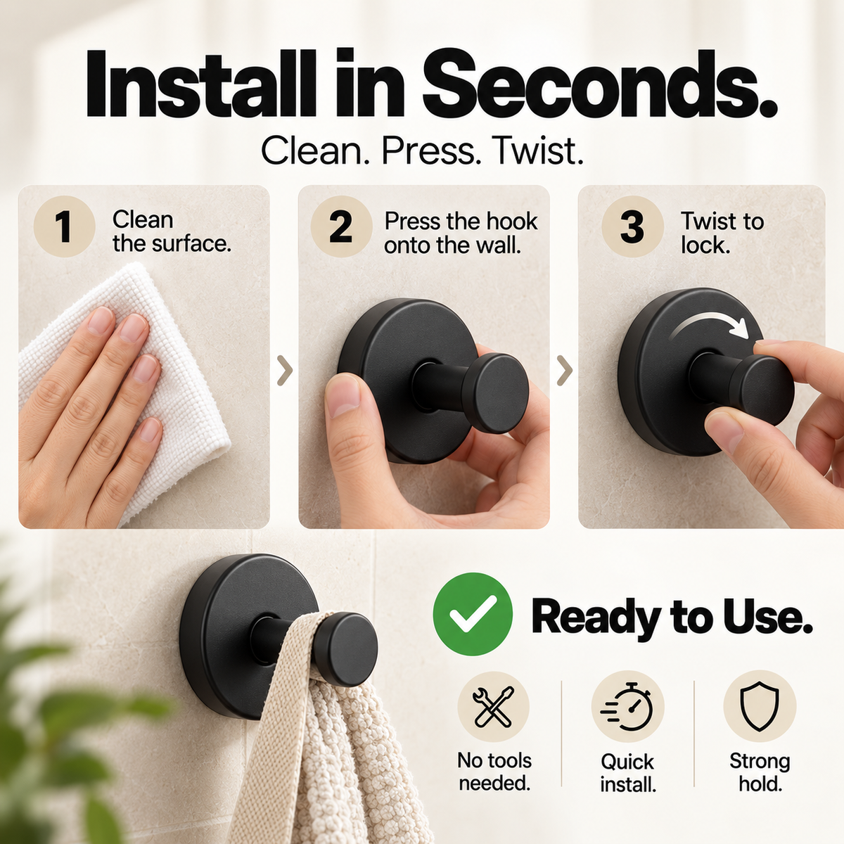 🔩 Heavy-Duty Matte Black Stainless Steel Vacuum Suction Hooks (15 LBS No-Drill) 🚿