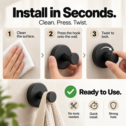 🔩 Heavy-Duty Matte Black Stainless Steel Vacuum Suction Hooks (15 LBS No-Drill) 🚿