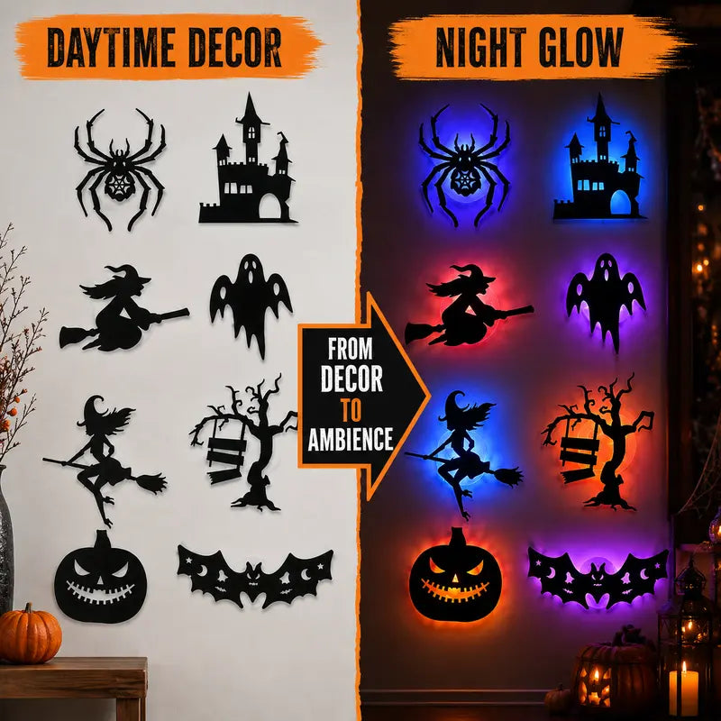 Battery-operated LED Halloween silhouette wall sticker—peel-and-stick decorative light.