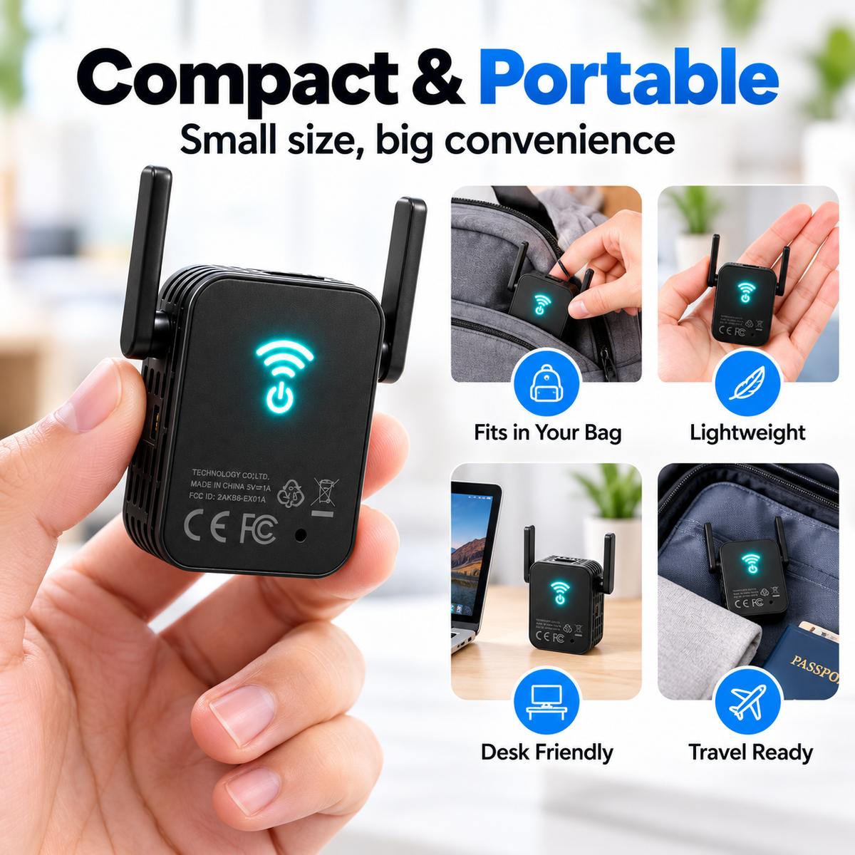 📶 Mini Portable Wi-Fi Extender Signal Booster with Dual Antennas & Ethernet Port ⚡