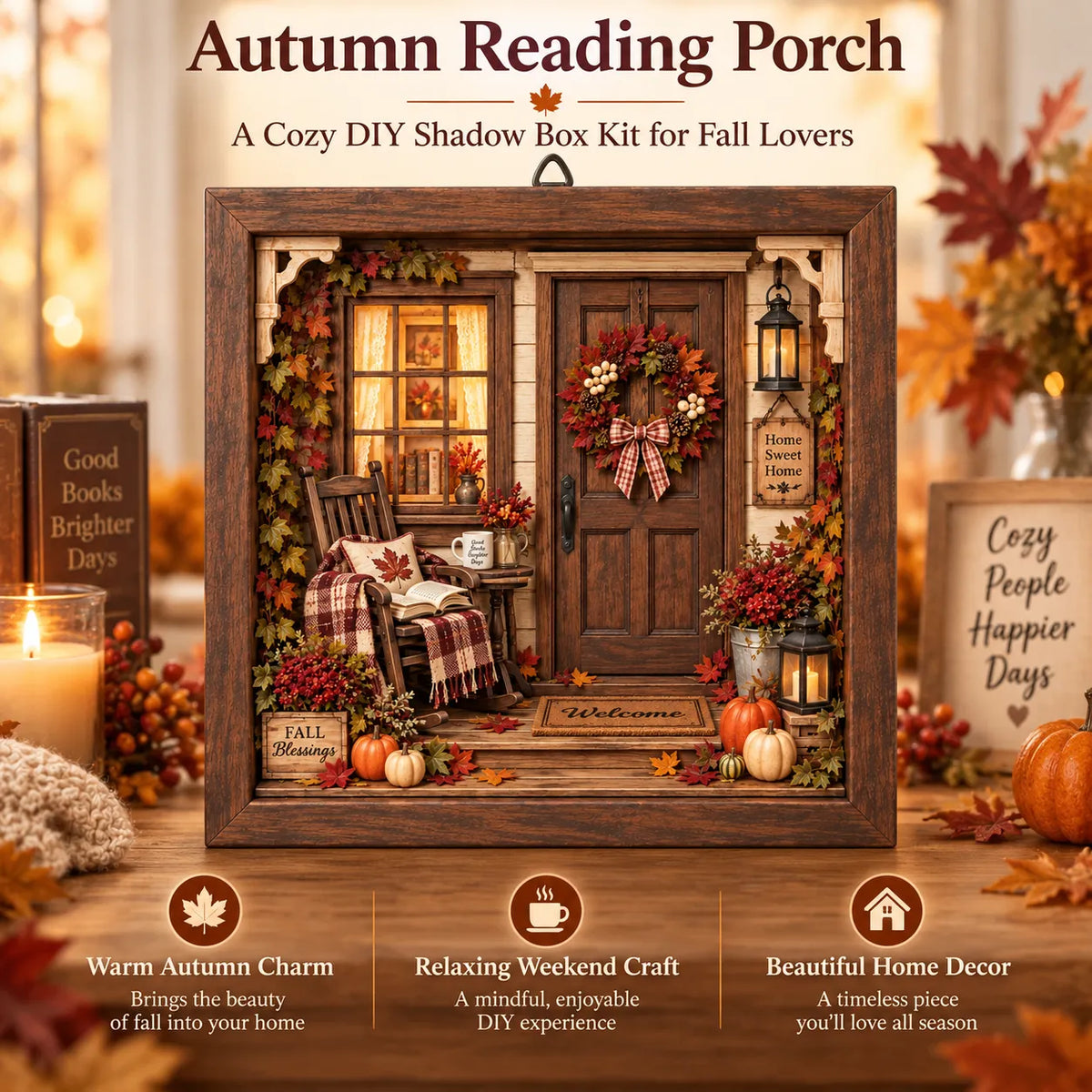 🍂 Autumn Reading Porch DIY 3D Wooden Shadow Box Craft Kit for Fall Decor 📚