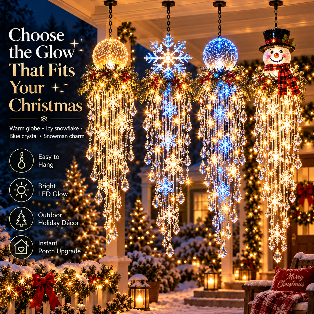 ❄️Crystal Cascade Christmas Light™ – Hanging Snowflake & Crystal LED Porch Décor ✨
