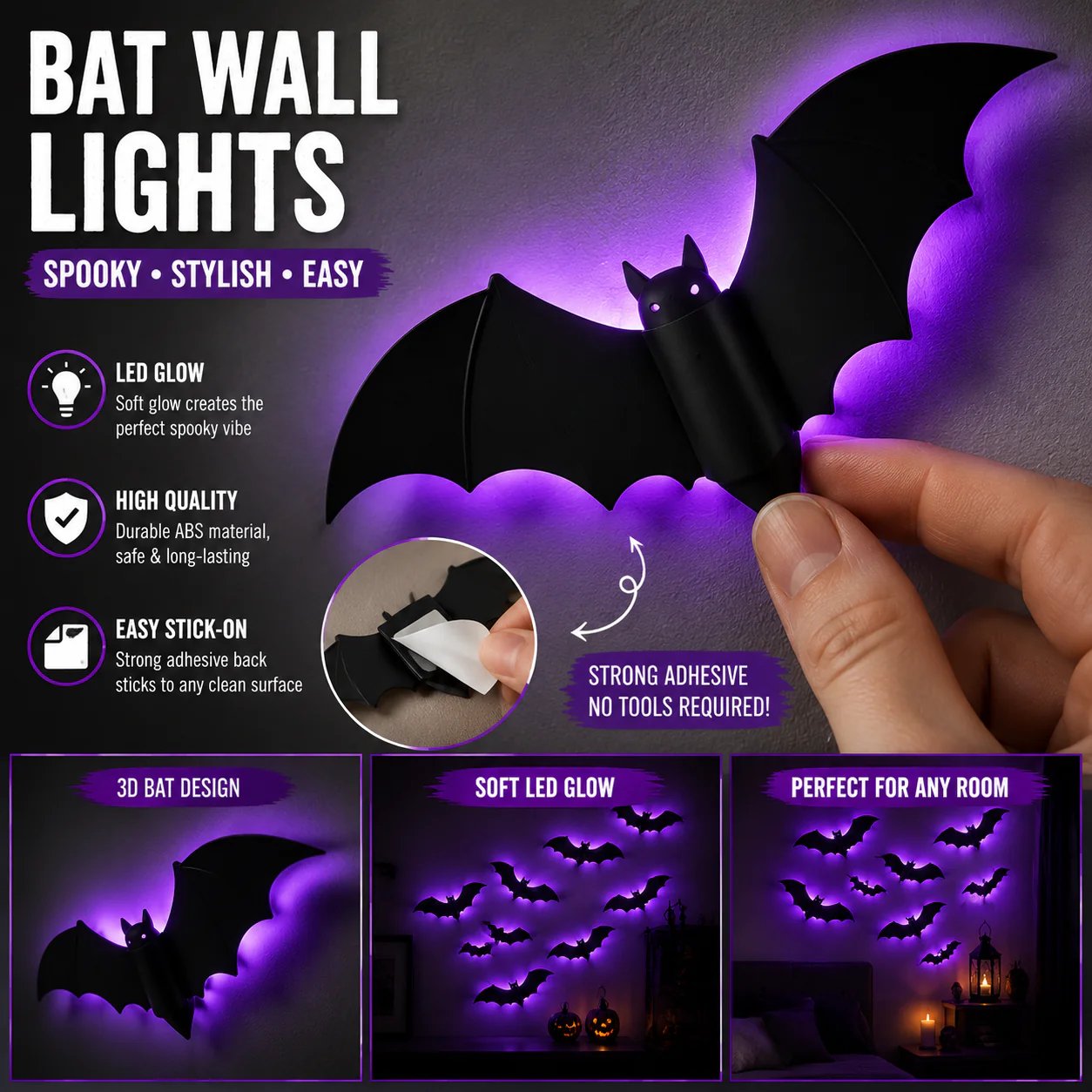 🦇Halloween decorative items - 3D black bat wall stickers with LED lights