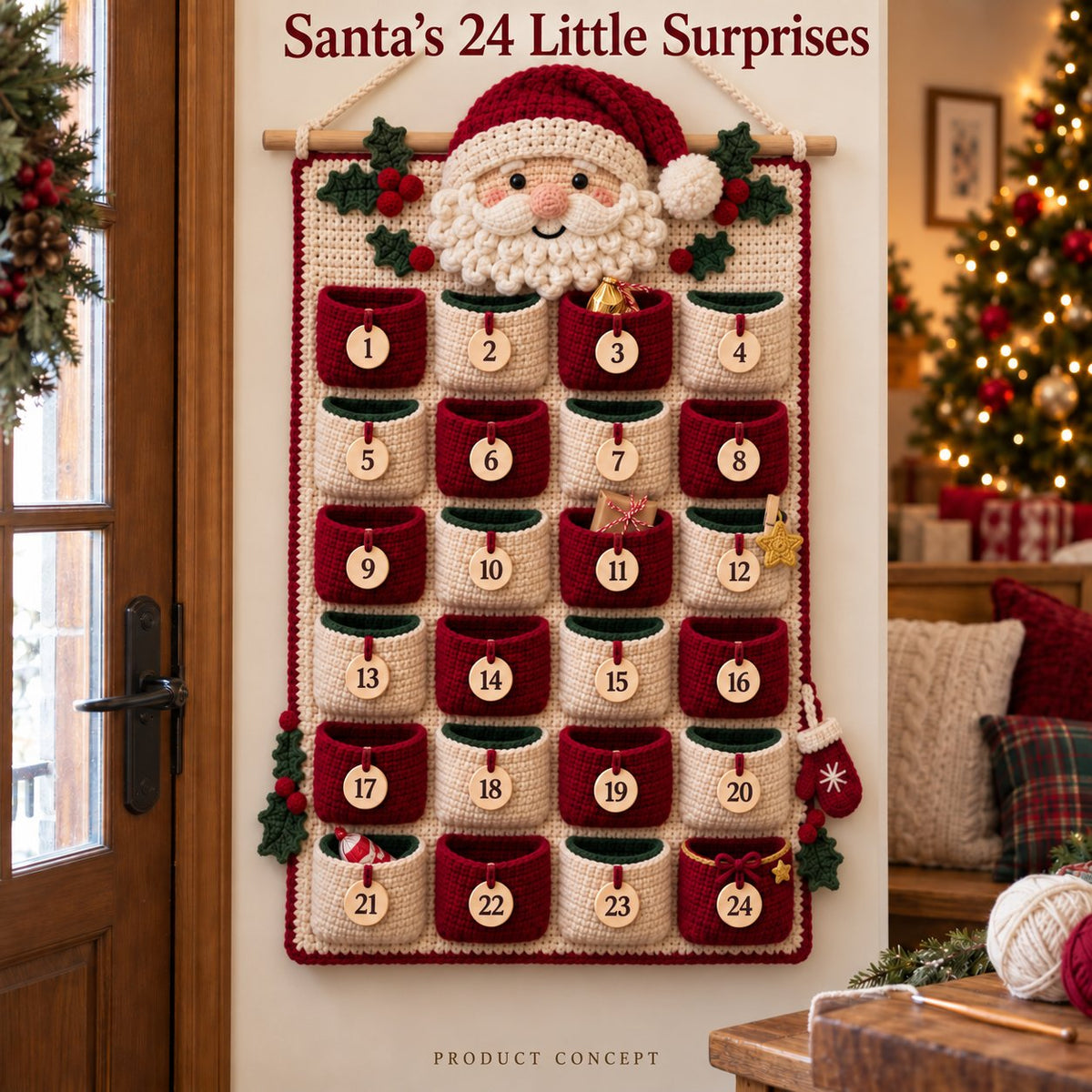 ⏳ Last Day 49% OFF – 🎄 24-Pocket DIY Christmas Crochet Advent Calendar Kit with Moveable Star Marker 🧶