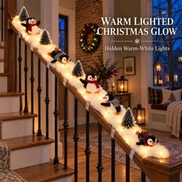 🐧 5-Piece Lighted Penguin Christmas Staircase Railing Decoration with Snowy Trees 🎄