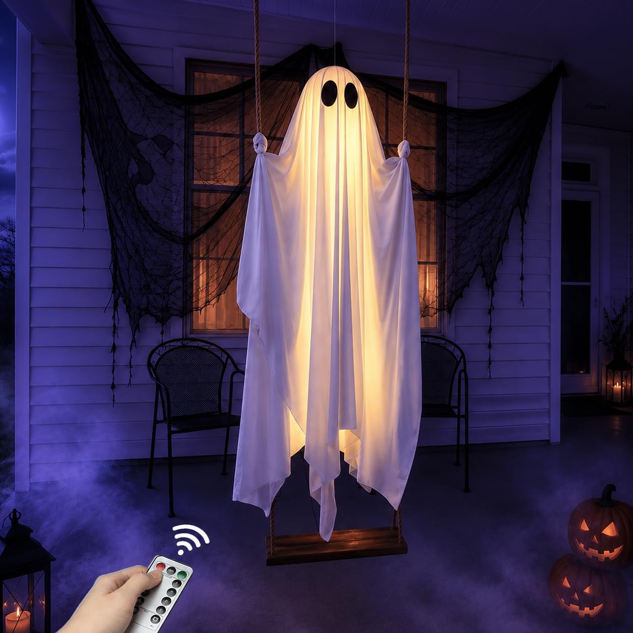 👻Halloween Decorations Outdoor - 5FT Large Hanging Ghost Swing with Remote Control