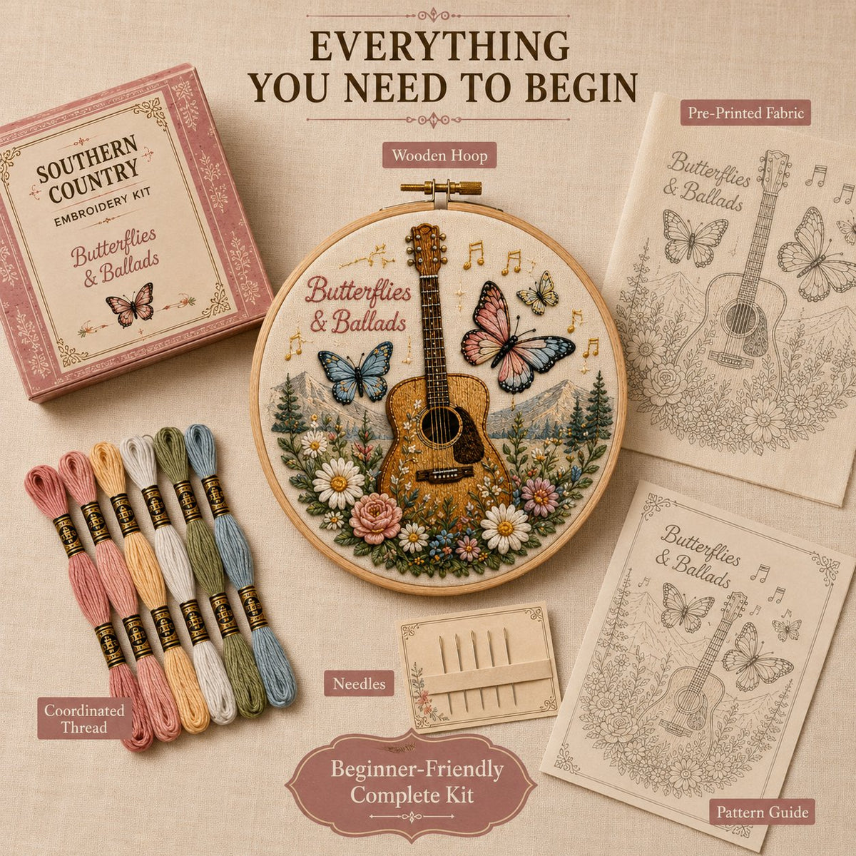 🧵 Southern Country Embroidery Kit Collection | Beginner-Friendly Wooden Hoop Art DIY Keepsake 🌼