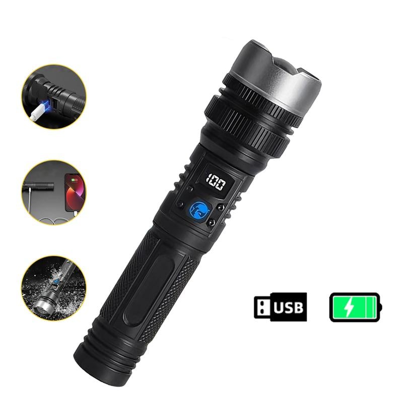 🔦⚡ 2-in-1 Rechargeable High-Power Flashlight – Digital Power Display, Zoomable Beam & Adjustable Brightness