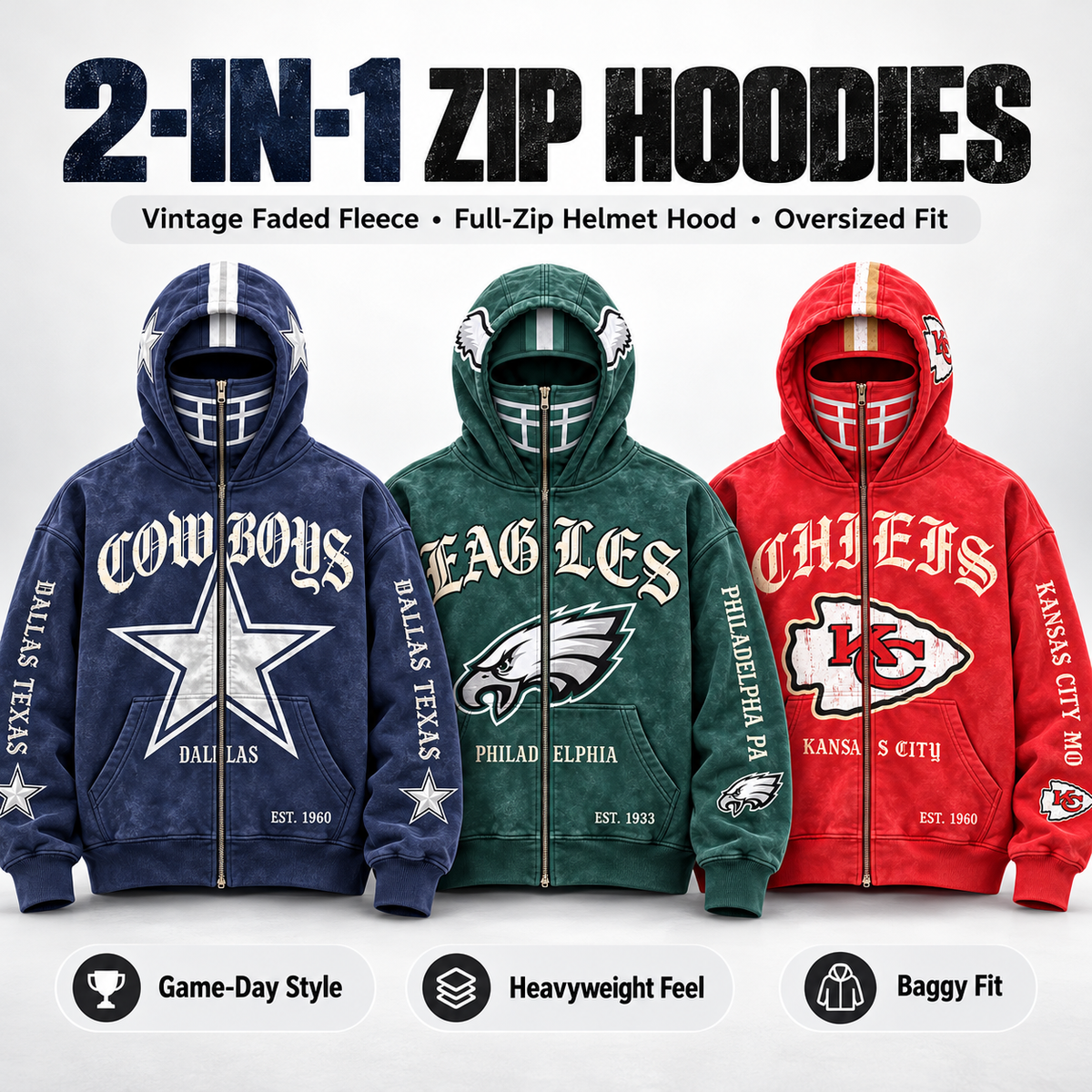 🏈 2-in-1 Football Zip Hoodie – Full-Zip Helmet Hood & Oversized Fit🏆