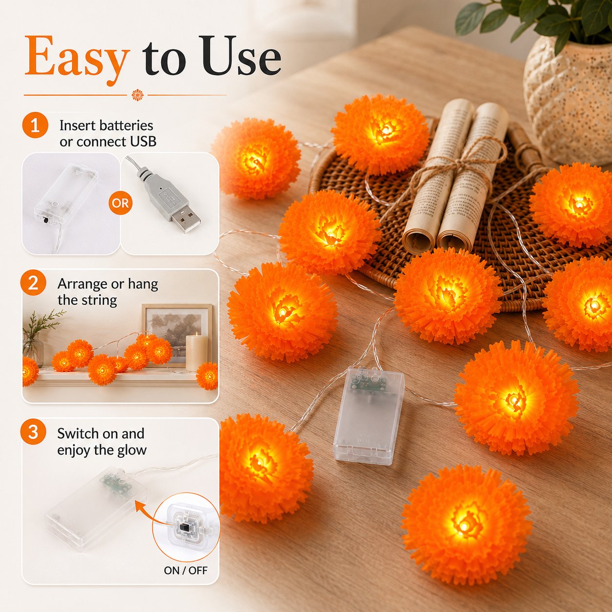 🎃 40% OFF Today 🌼 Orange Marigold LED String Lights – Light Up Your Halloween with a Warm Floral Glow ✨