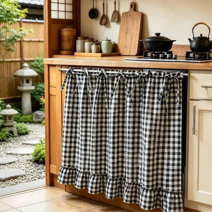 ✨2026 Farmhouse-Style Stove Curtain, Gingham Grid Ruffle-Edge Tier Curtains