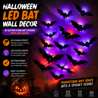 Halloween LED Bat Wall Decor – 3D Glitter Flying Bat Stickers for Spooky Party, Room & Window Decorations