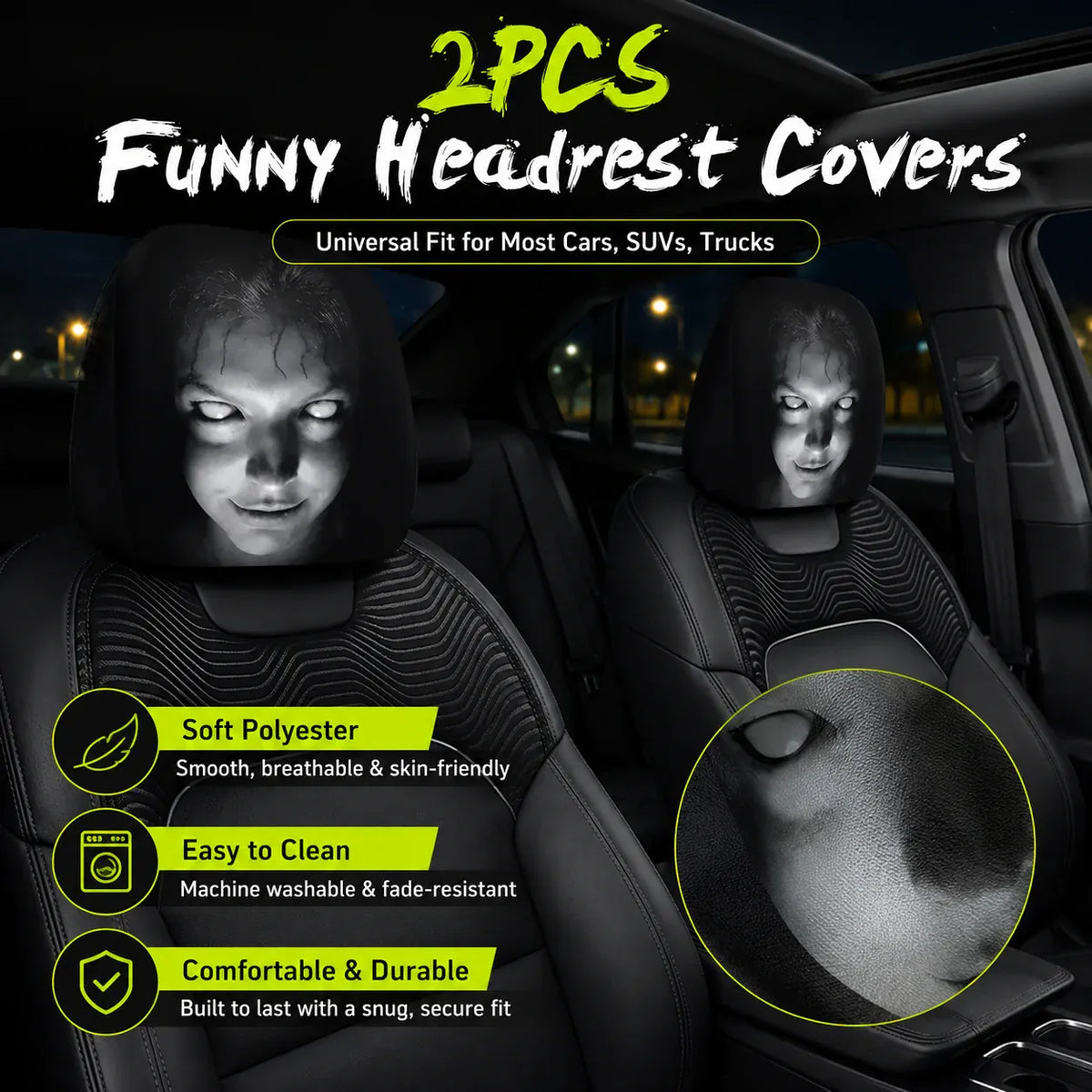 😆 Funny Cartoon Car Headrest Covers – 2PCS Universal Fit 🚗Spooky and funny car headrest covers