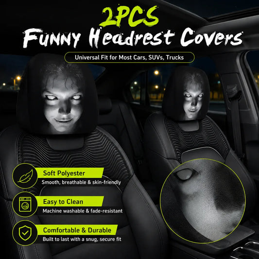 😆 Funny Cartoon Car Headrest Covers – 2PCS Universal Fit 🚗Spooky and funny car headrest covers