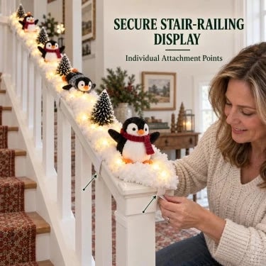 🐧 5-Piece Lighted Penguin Christmas Staircase Railing Decoration with Snowy Trees 🎄