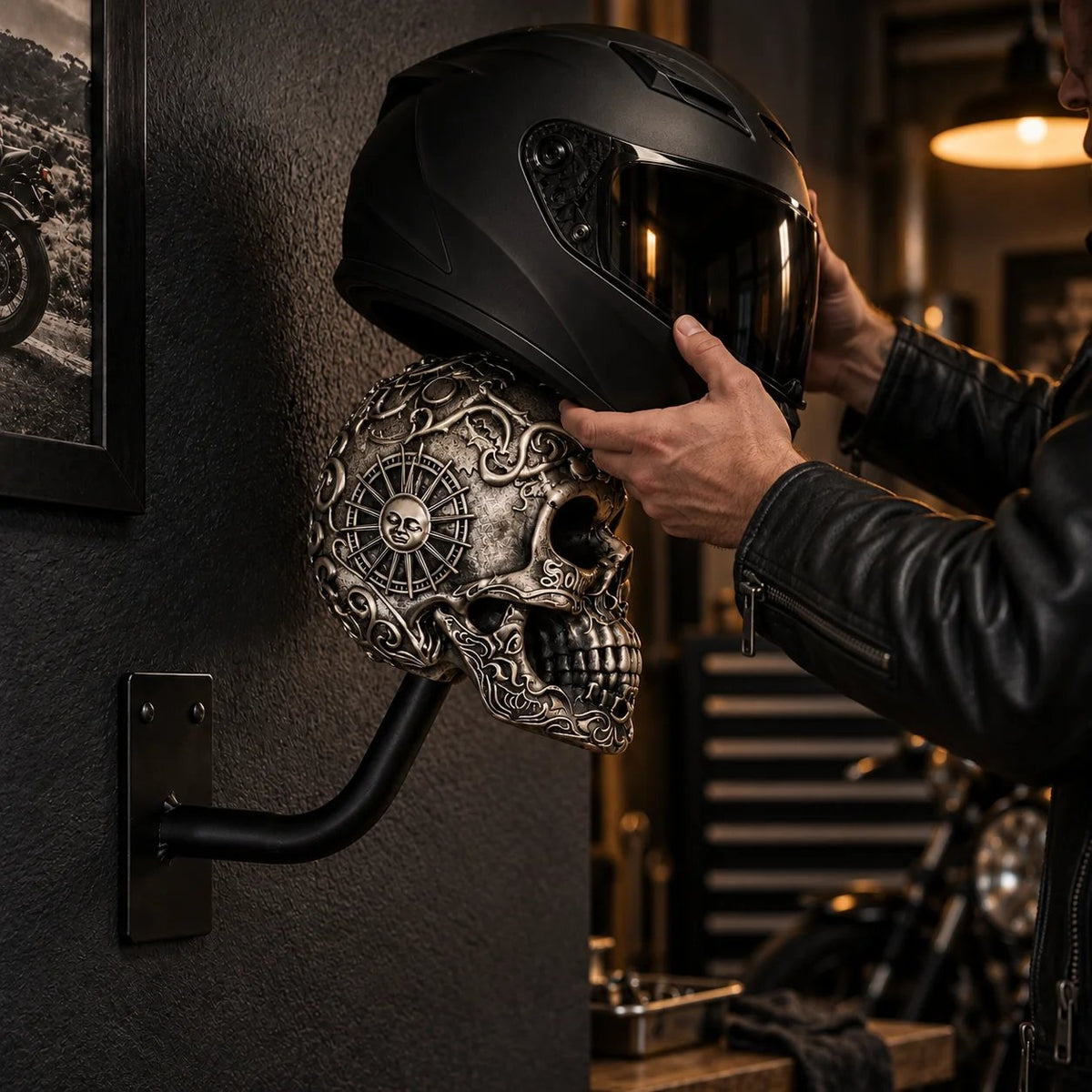 💀 Motorcycle Skull Helmet Holder – Garage Display Wall Mount
