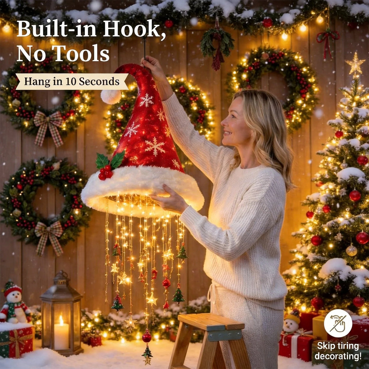 🎅✨Light‐Up Santa Hat Hanging Chandelier, Plush Christmas Pendant Light with Hanging Ornaments, Indoor & Covered Porch Holiday Decoration