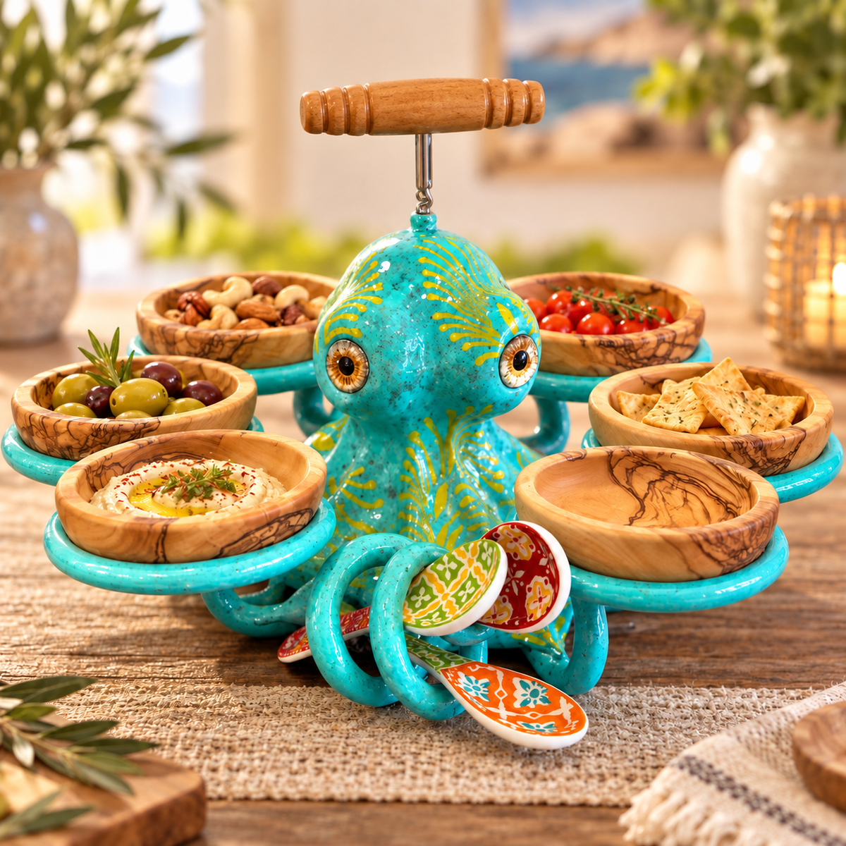 🐙 Handmade Coastal Octopus Snack Server & Divided Dip Bowl Tabletop Centerpiece 🍿