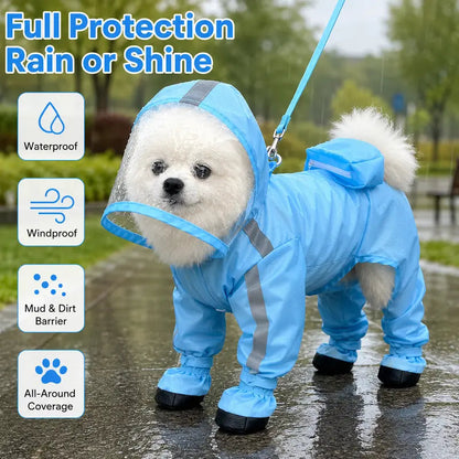 🐶Waterproof 4-Leg Dog Raincoat with Hood & Attached Boots