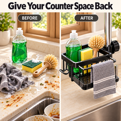 🧽 Faucet-Mounted Kitchen Sink Organizer Rack with Drain Tray & Hanging Hook 💧