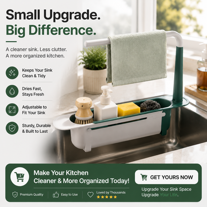 ✨ 49% OFF 🧽 Adjustable Kitchen Sink Organizer – Sponge & Towel Holder for a Clutter-Free Sink