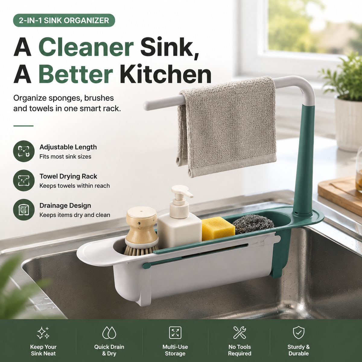 ✨ 49% OFF 🧽 Adjustable Kitchen Sink Organizer – Sponge & Towel Holder for a Clutter-Free Sink