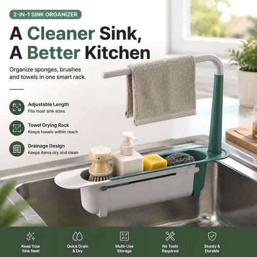 ✨ 49% OFF 🧽 Adjustable Kitchen Sink Organizer – Sponge & Towel Holder for a Clutter-Free Sink