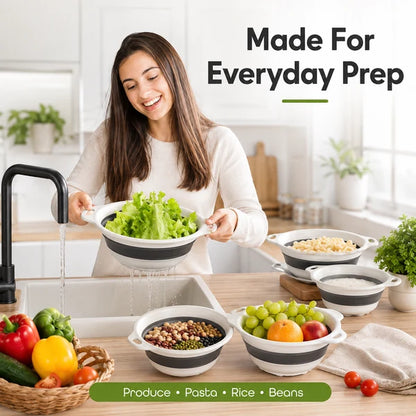 🔥 49% OFF 3-Piece Collapsible Colander Set 🥗 Self-Draining Silicone Kitchen Strainer