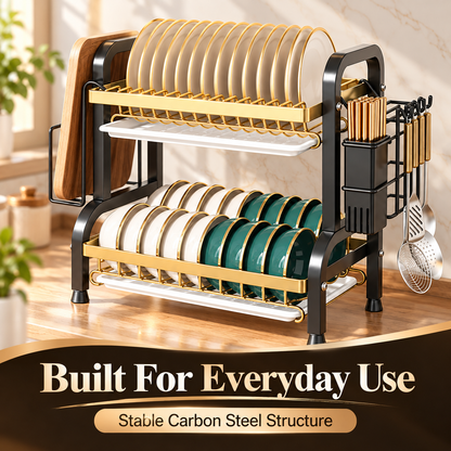 🍽️ Space-Saving 2-Tier Dish Drainer With Removable Drip Trays