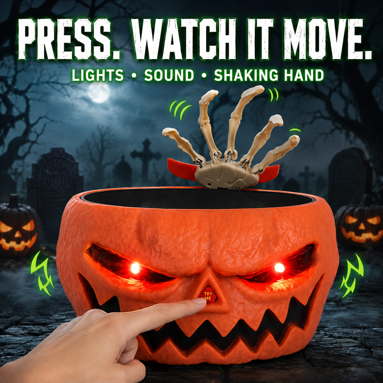 Halloween Animated Candy Bowl with Motion Sensor, Shaking Ghost Hand, Lights & Spooky Sounds