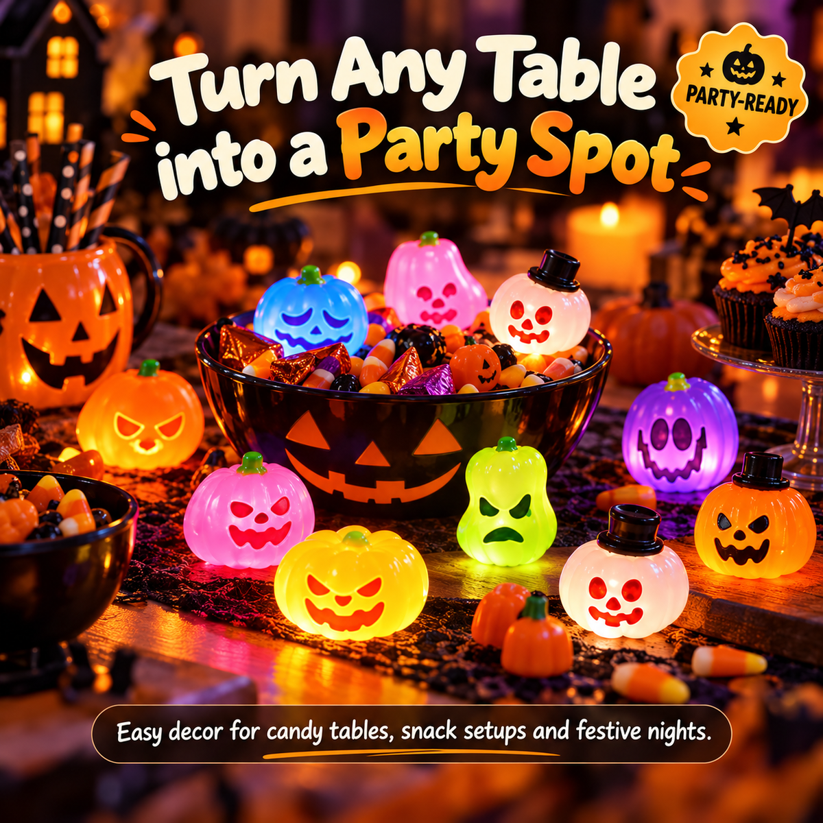 🎃 Colorful Glowing Mini Halloween Jack-O'-Lantern Pumpkin Night Lights Table Decor 🌈