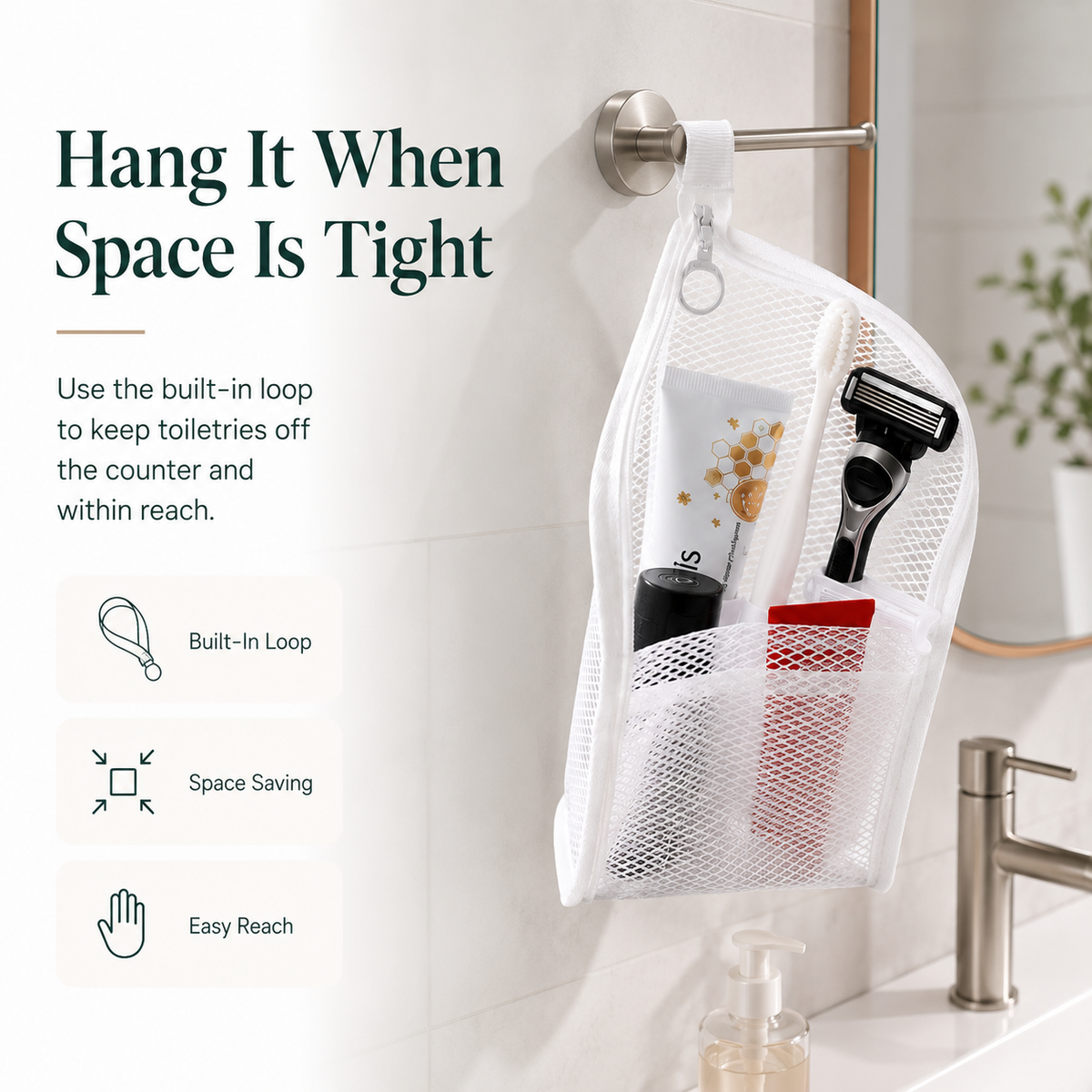 🧼 48% OFF Quick-Dry Mesh Bathroom Organizer – Self-Standing Toiletry Storage Bag