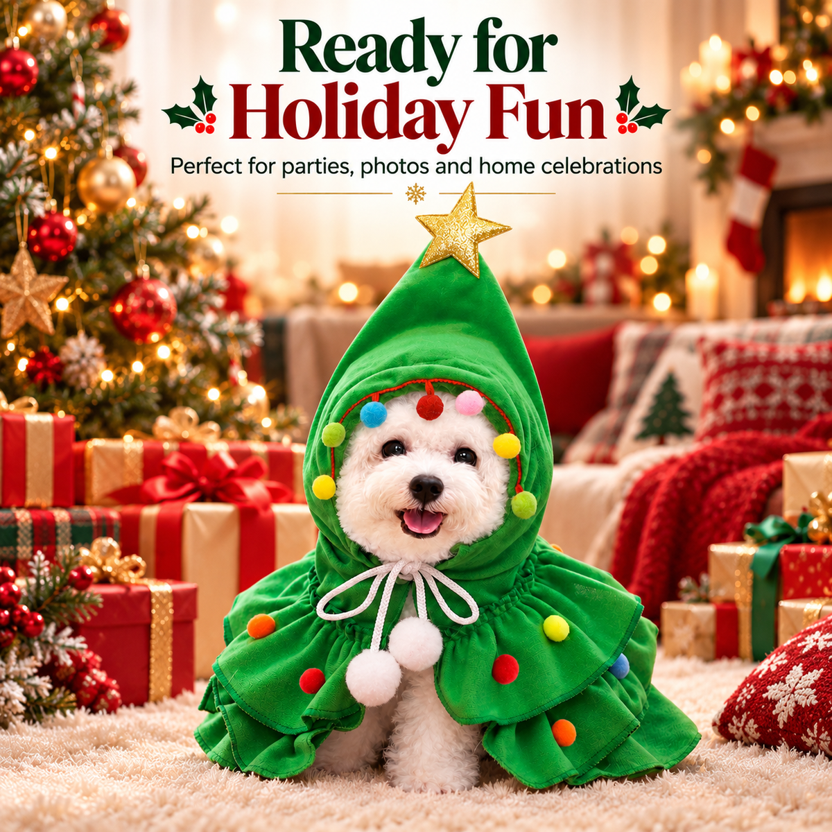 🎄 Christmas Tree Pet Cape Costume with Gold Star & Pom-Poms for Dogs & Cats 📸