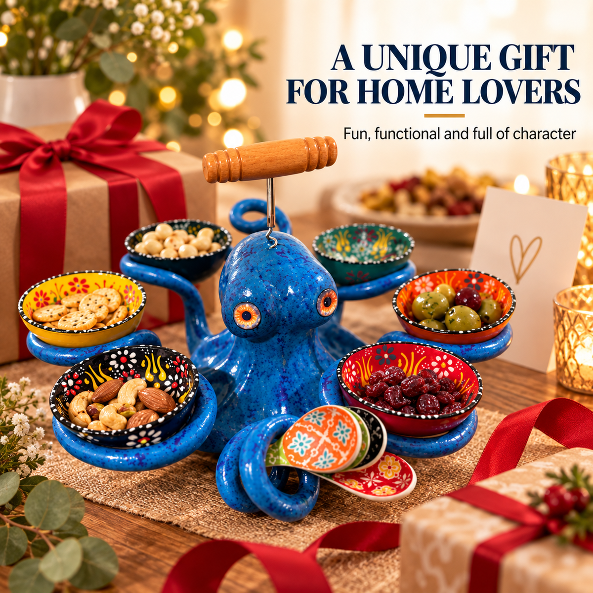 🐙 Handmade Coastal Octopus Snack Server & Divided Dip Bowl Tabletop Centerpiece 🍿