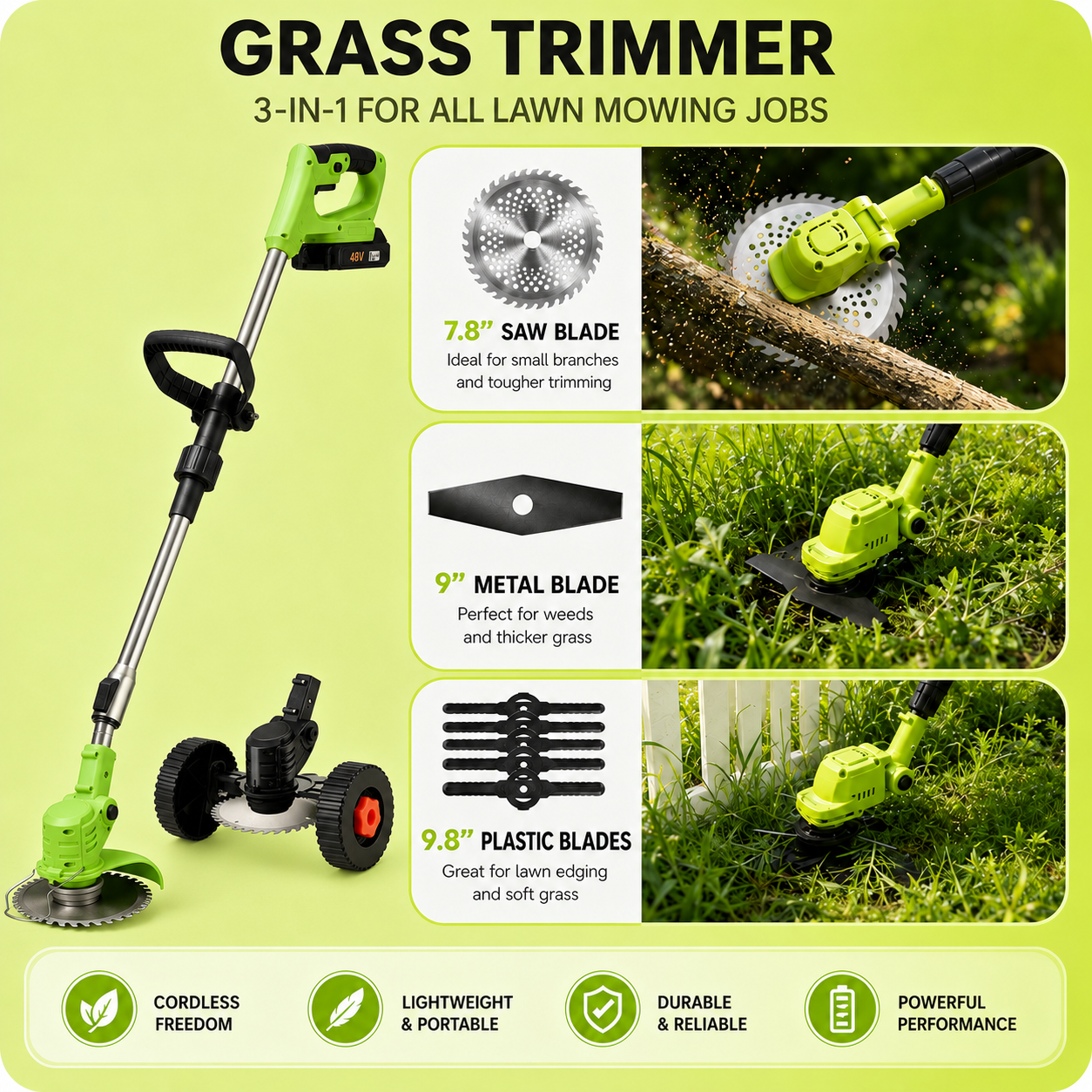 🔥48% OFF 3-in-1 Cordless Grass Trimmer with Wheels – Brushless Lawn Edger & Mini Mower