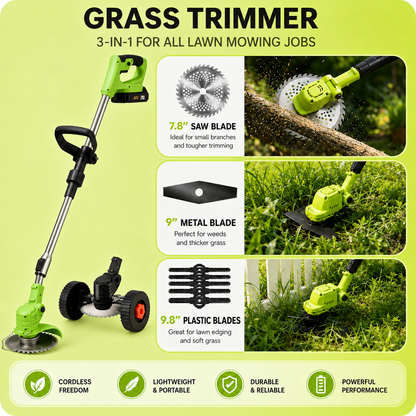 🔥48% OFF 3-in-1 Cordless Grass Trimmer with Wheels – Brushless Lawn Edger & Mini Mower