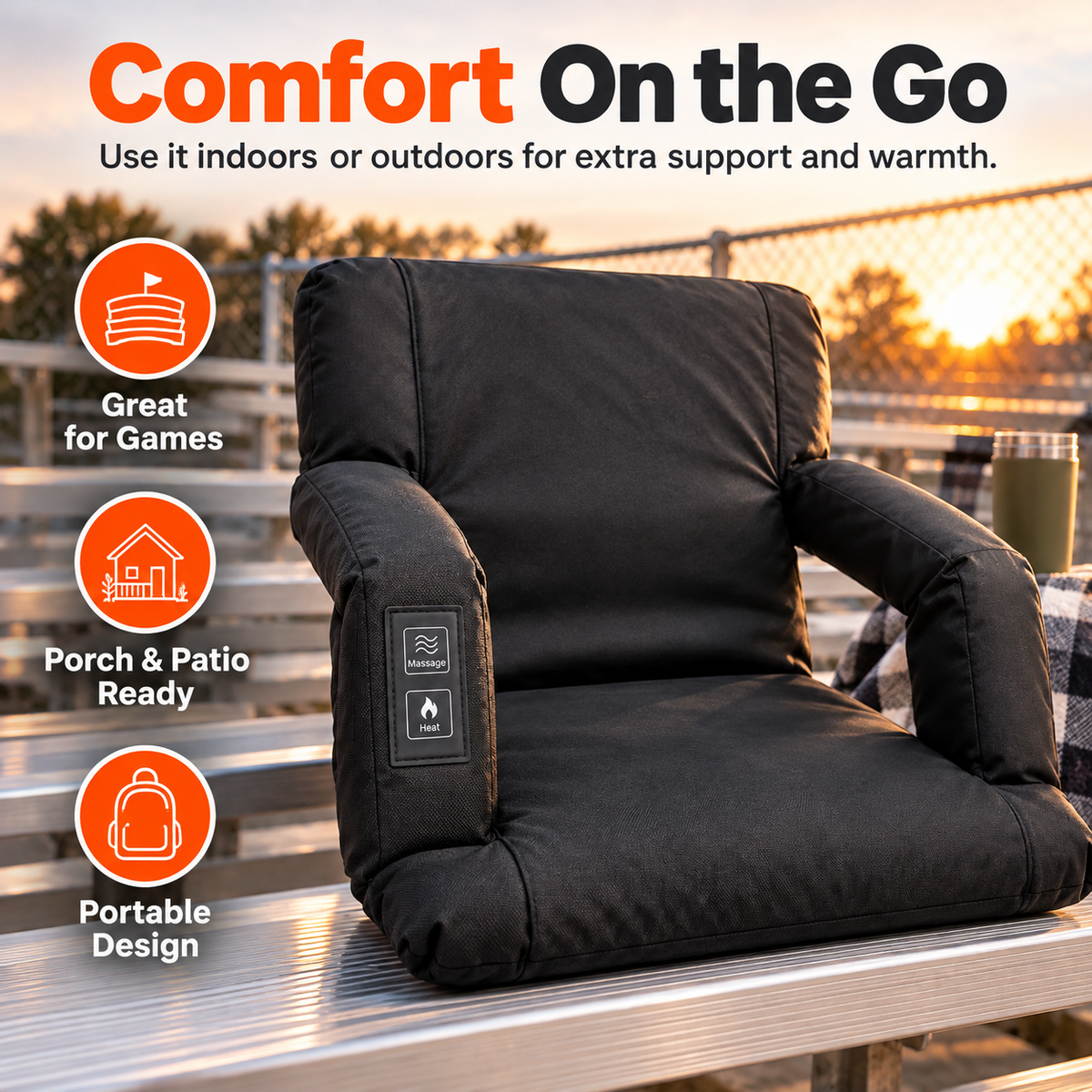 🔥 Heated Massage Portable Floor Chair with Backpack Carrying Straps & Armrests 🪑