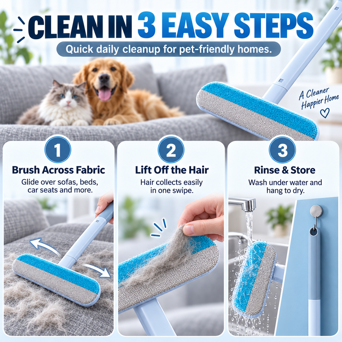 🐾 LIMITED-TIME 49% OFF Pet Hair Remover Brush – Long Handle & 2-in-1 Cleaning
