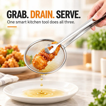 🔥2-in-1 Stainless Steel Strainer Tongs – Grab, Drain & Serve with One Tool