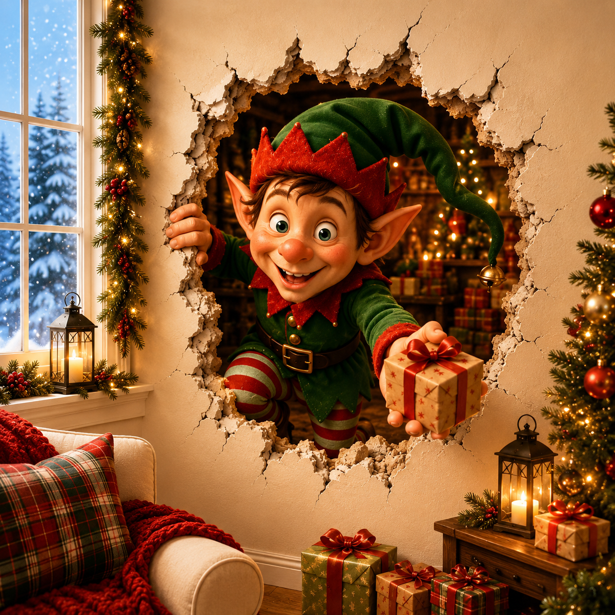 🔥Last Day 50% OFF-19.7'' 🎄 3D Christmas Break-In Wall Decal Peel and Stick Holiday Home Decor 🎅