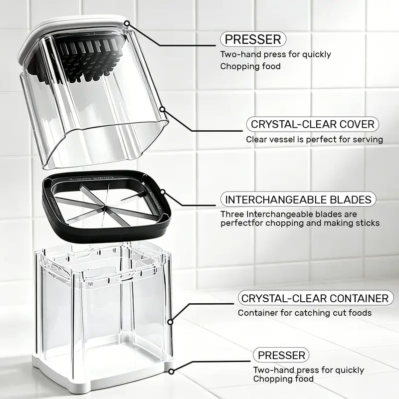 🎉 Fingersafe French Fry Cutter – Stainless Steel Potato Slicer with Detachable Interchangeable Blades
