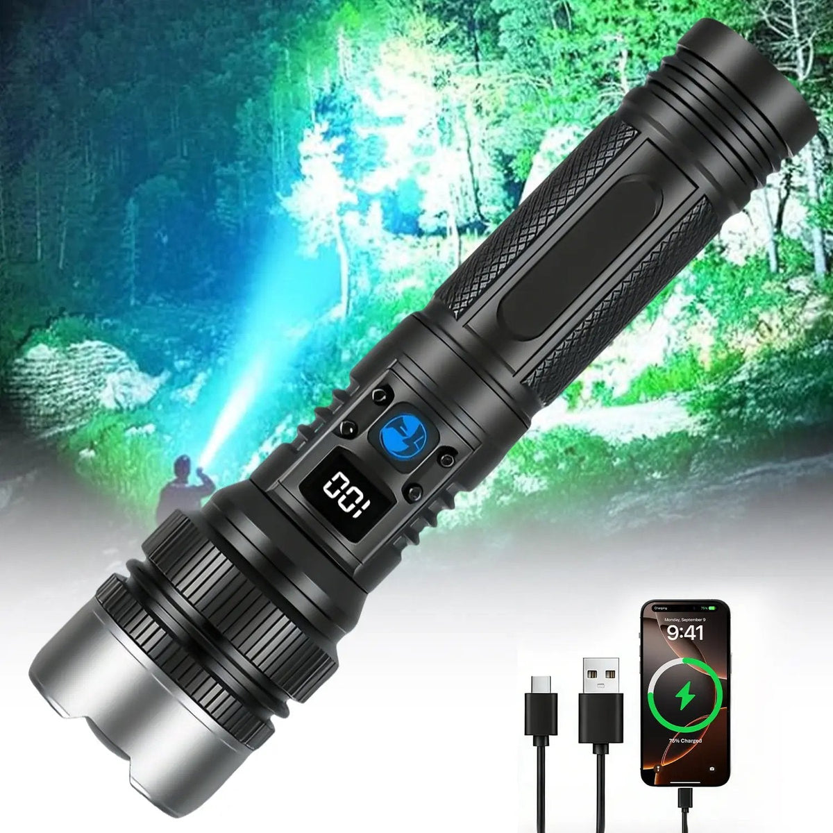 🔦⚡ 2-in-1 Rechargeable High-Power Flashlight – Digital Power Display, Zoomable Beam & Adjustable Brightness