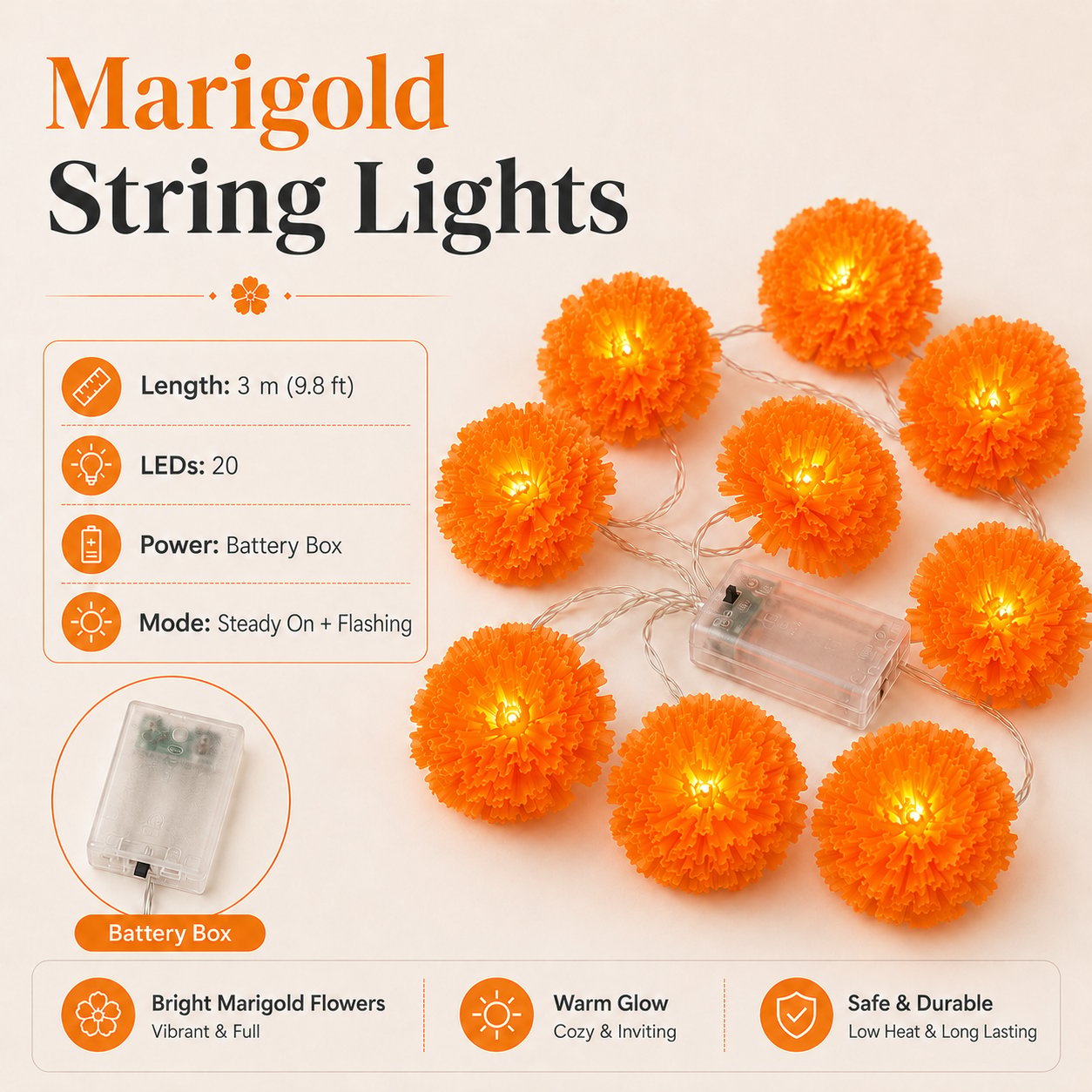 🎃 40% OFF Today 🌼 Orange Marigold LED String Lights – Light Up Your Halloween with a Warm Floral Glow ✨