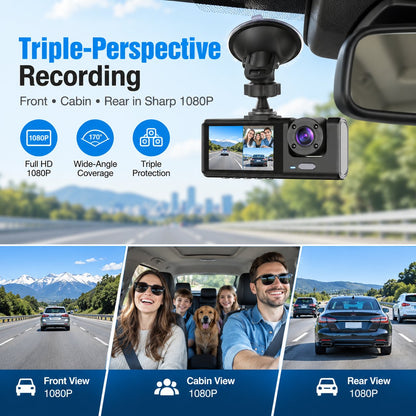 Upgraded 360° Protection Dash Cam: Triple-Lens 1080P Front • Cabin • Rear – Never Drive Blind Again! 🚗🛡️