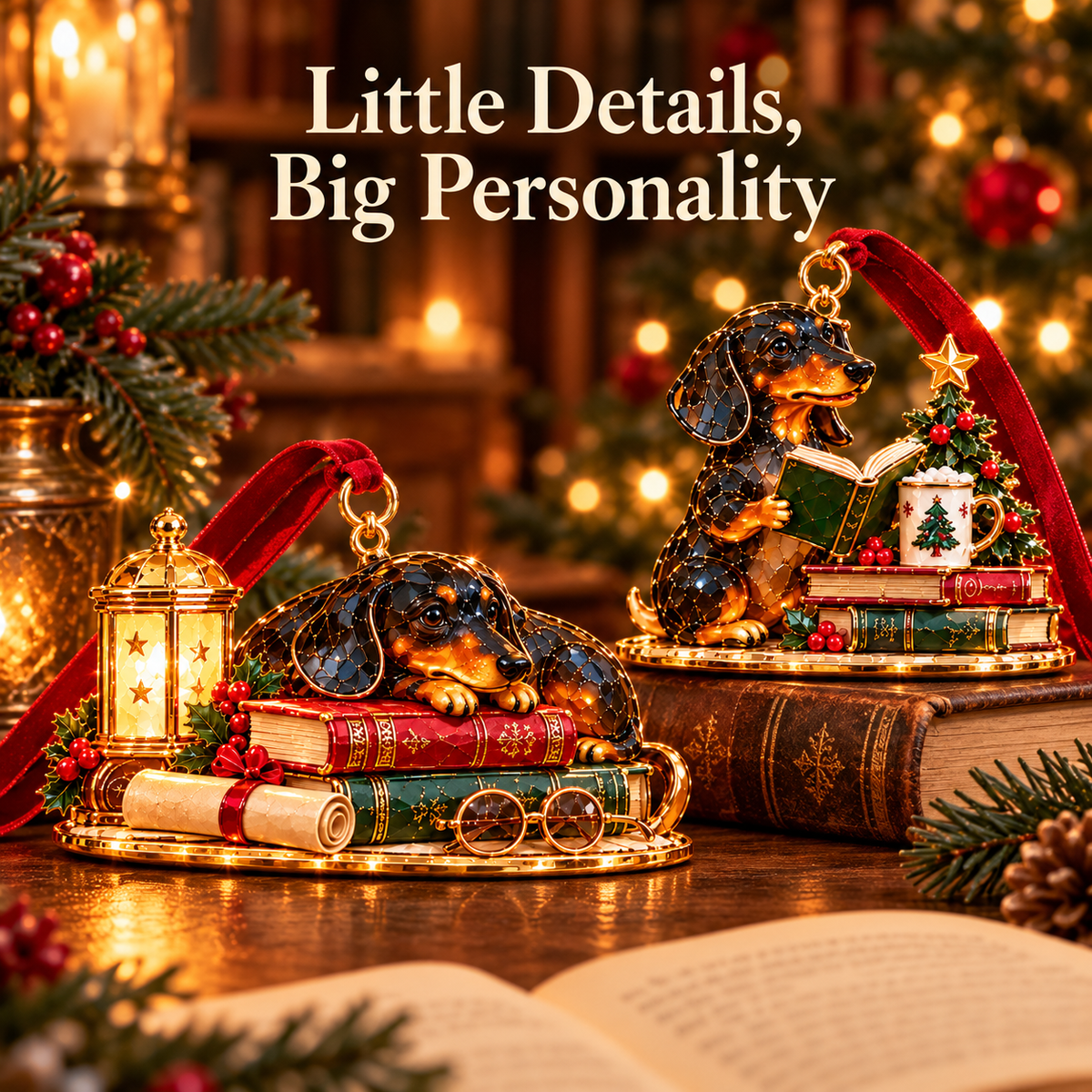 🐶Dachshund Cozy Library Christmas Ornament – A Little Story for Your Tree 🐾